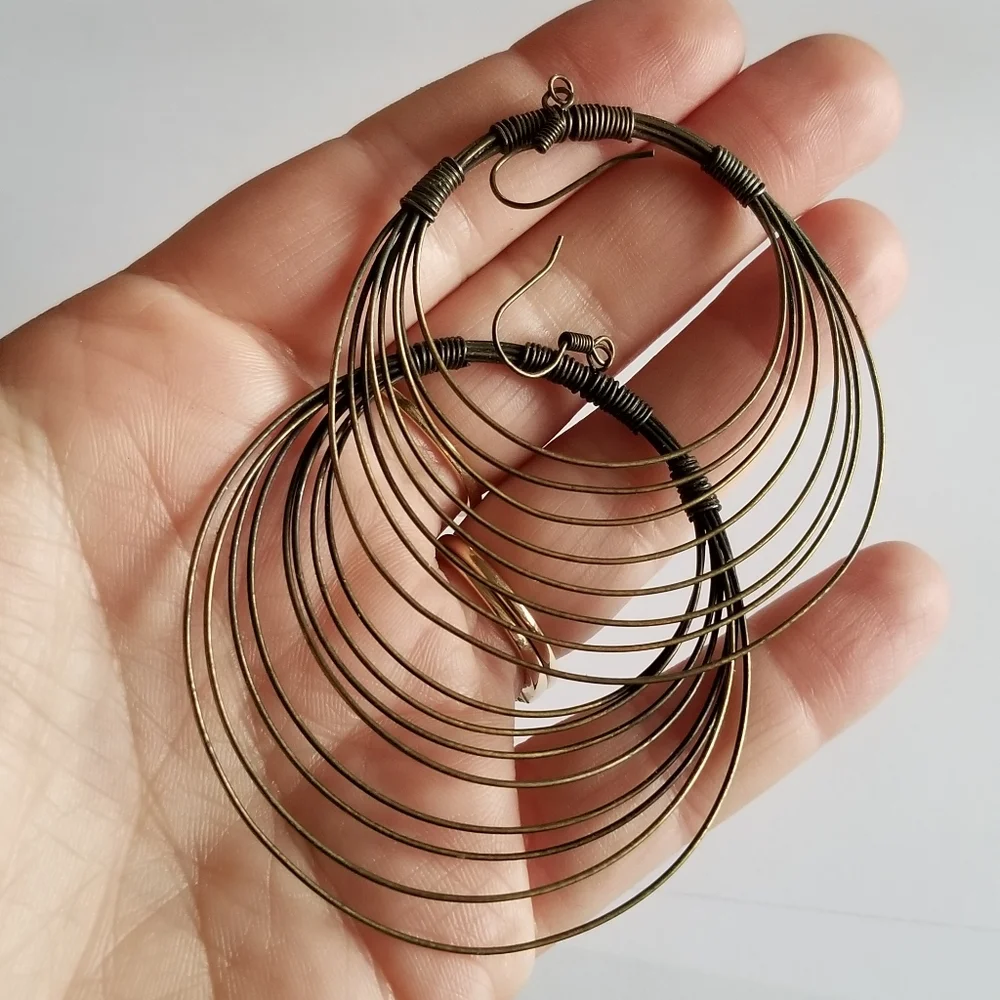 Earrings Big boho hoop earrings dangly concentric circles dark gold tone metal